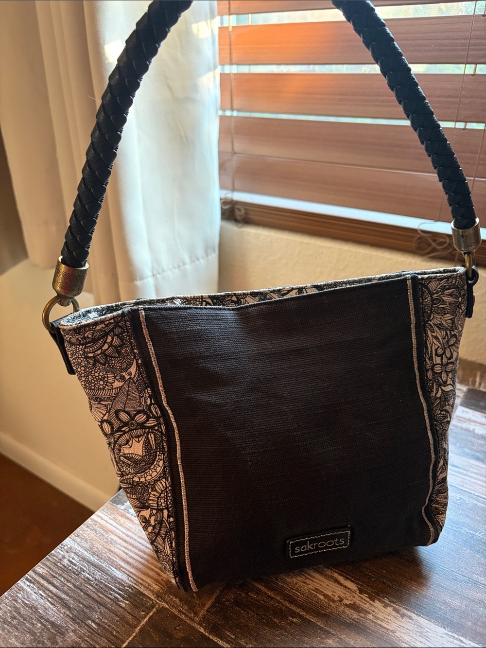 Sakroots Black and Ivory Patterned Canvas Shoulder Bag